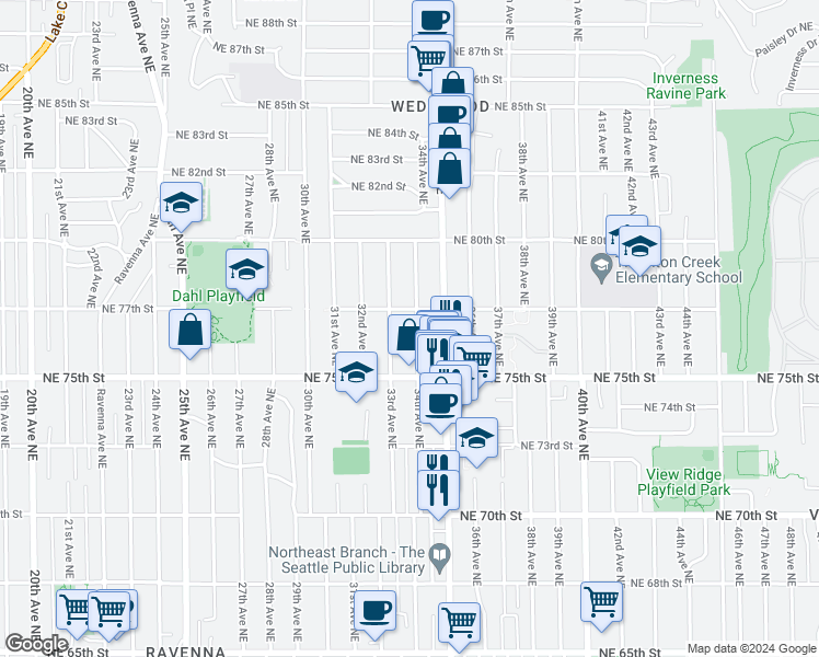 map of restaurants, bars, coffee shops, grocery stores, and more near 7543 34th Avenue Northeast in Seattle