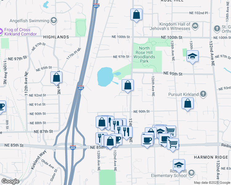 map of restaurants, bars, coffee shops, grocery stores, and more near 9231 122nd Court Northeast in Kirkland