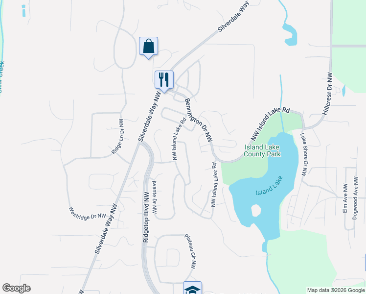 map of restaurants, bars, coffee shops, grocery stores, and more near 1373 Rockford Circle Northwest in Silverdale
