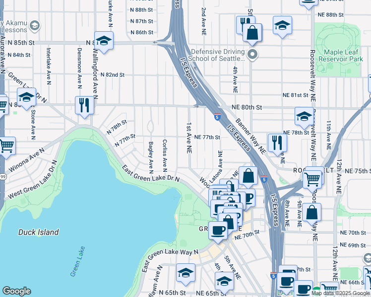 map of restaurants, bars, coffee shops, grocery stores, and more near 7539 1st Avenue Northeast in Seattle