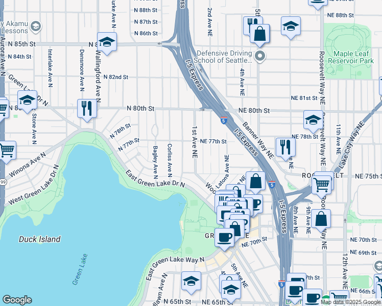 map of restaurants, bars, coffee shops, grocery stores, and more near 7539 1st Avenue Northeast in Seattle