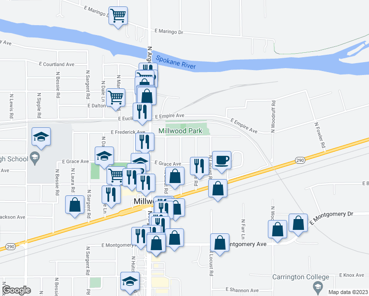 map of restaurants, bars, coffee shops, grocery stores, and more near 3021 North Maple Road in Spokane