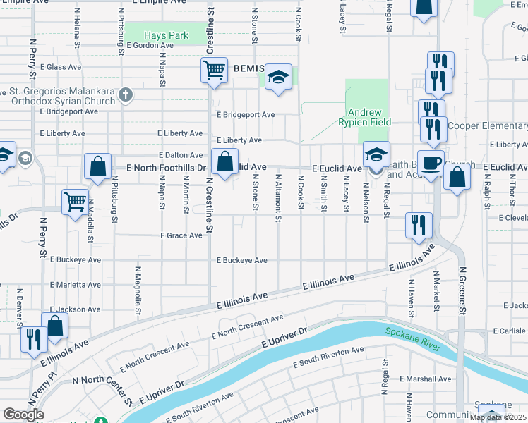 map of restaurants, bars, coffee shops, grocery stores, and more near 2923 North Altamont Street in Spokane