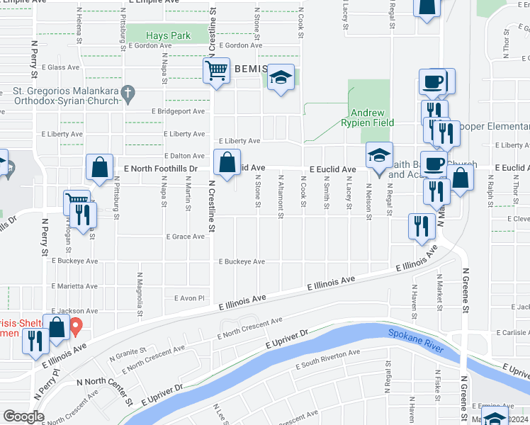 map of restaurants, bars, coffee shops, grocery stores, and more near 2939 North Stone Street in Spokane