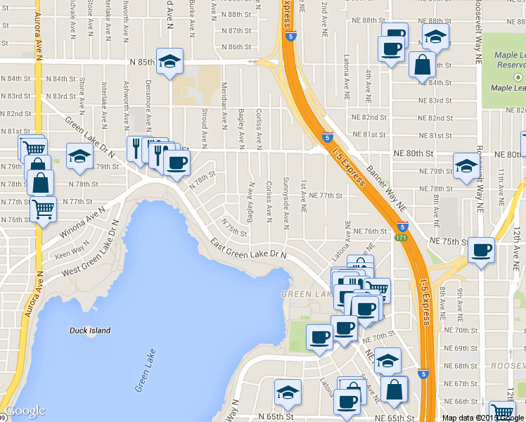 map of restaurants, bars, coffee shops, grocery stores, and more near 2215 North 77th Street in Seattle