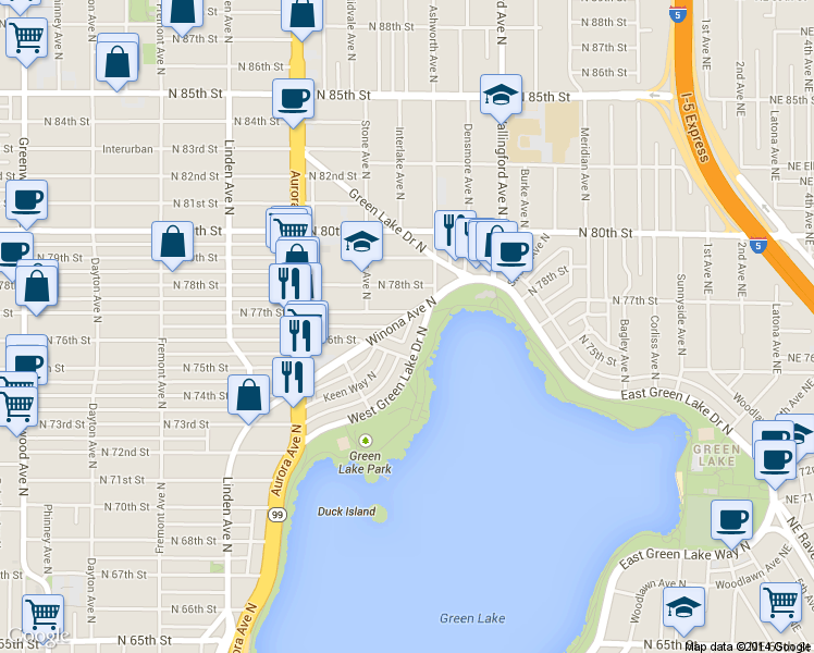 map of restaurants, bars, coffee shops, grocery stores, and more near 1340 North 77th Street in Seattle
