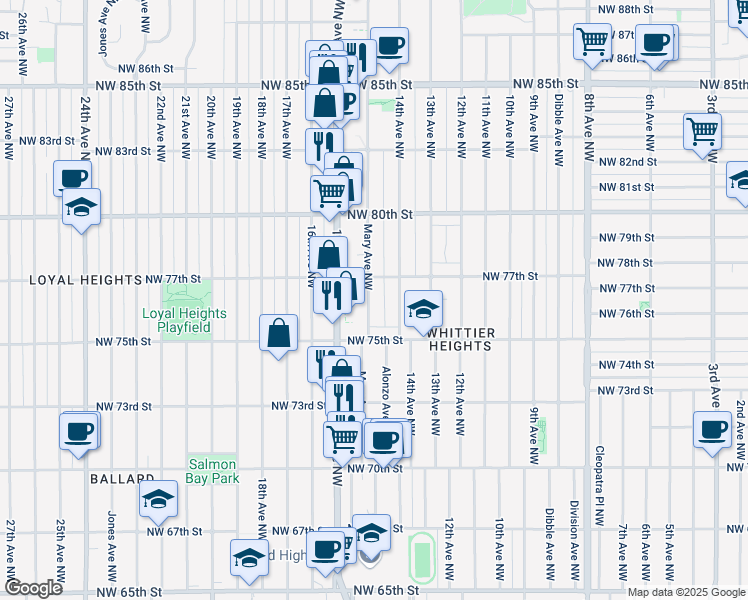 map of restaurants, bars, coffee shops, grocery stores, and more near 7559 14th Avenue Northwest in Seattle