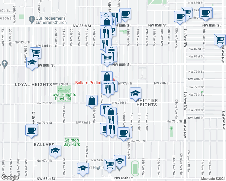 map of restaurants, bars, coffee shops, grocery stores, and more near 1475 Northwest 77th Street in Seattle