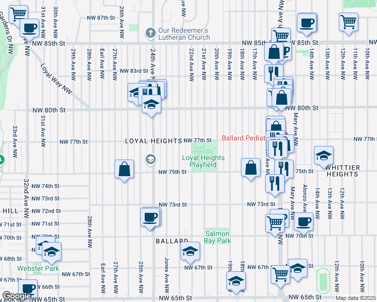 map of restaurants, bars, coffee shops, grocery stores, and more near 7700 23rd Avenue Northwest in Seattle