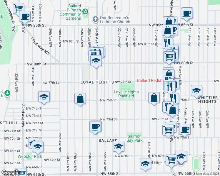map of restaurants, bars, coffee shops, grocery stores, and more near 7700 23rd Avenue Northwest in Seattle