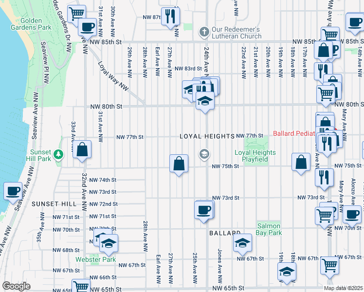 map of restaurants, bars, coffee shops, grocery stores, and more near 7560 26th Avenue Northwest in Seattle