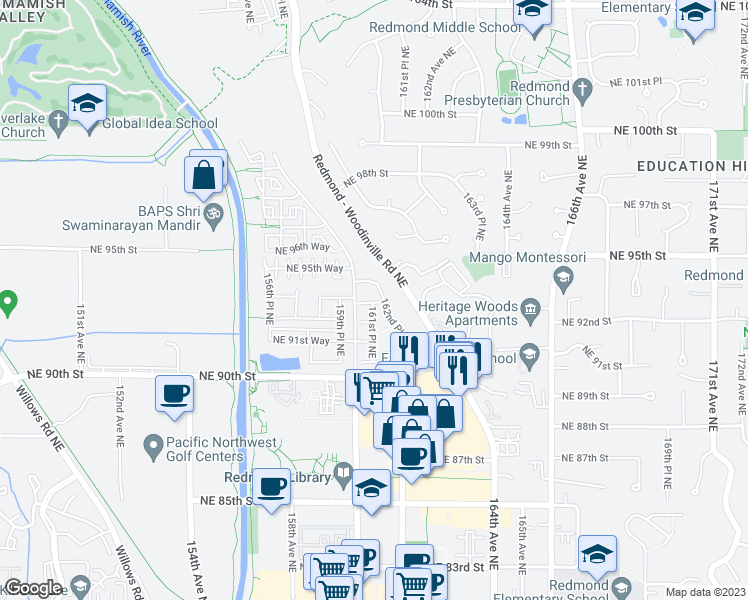 map of restaurants, bars, coffee shops, grocery stores, and more near 16150 Northeast 93rd Way in Redmond
