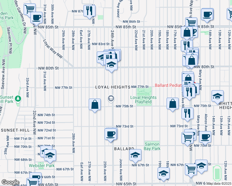 map of restaurants, bars, coffee shops, grocery stores, and more near 7542 24th Avenue Northwest in Seattle