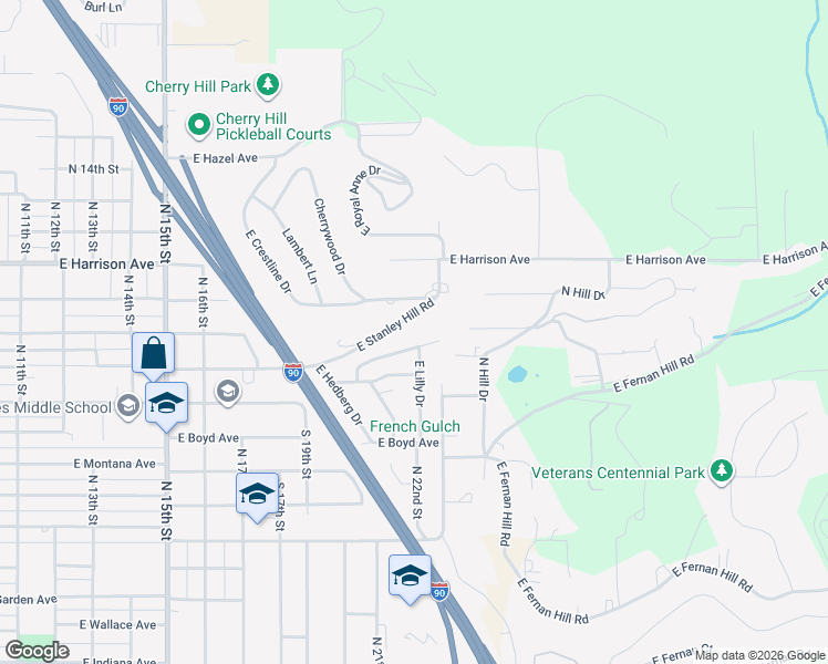 map of restaurants, bars, coffee shops, grocery stores, and more near 2140 Crestline Drive in Coeur d'Alene