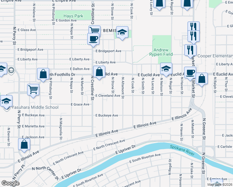 map of restaurants, bars, coffee shops, grocery stores, and more near 2923 North Altamont Street in Spokane