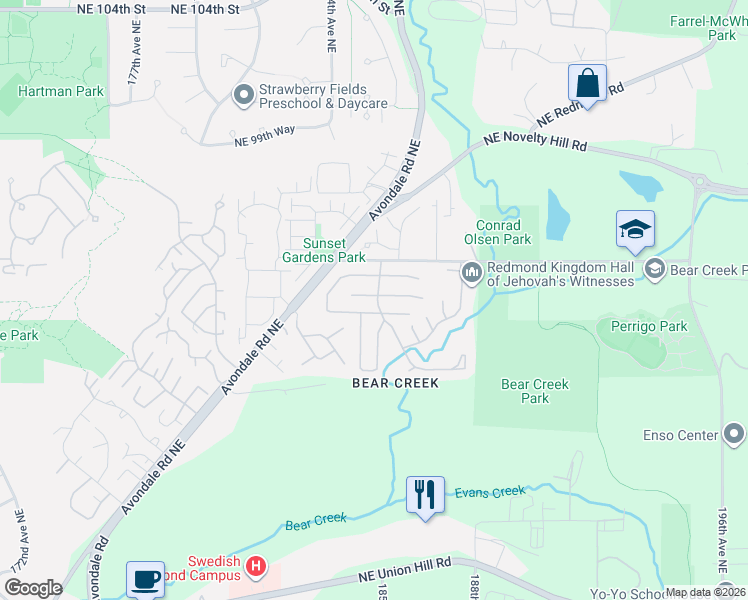 map of restaurants, bars, coffee shops, grocery stores, and more near 18425 Northeast 95th Street in Redmond