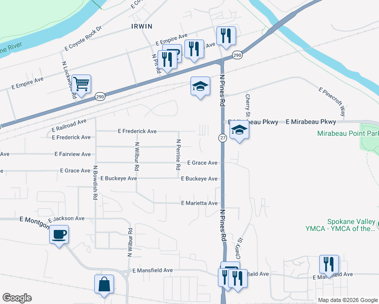 map of restaurants, bars, coffee shops, grocery stores, and more near 12011 East Fairview Avenue in Spokane Valley