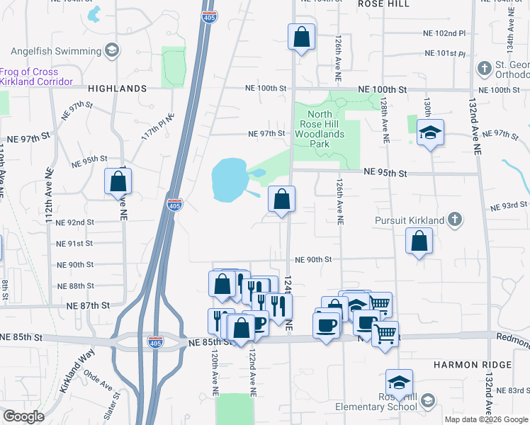 map of restaurants, bars, coffee shops, grocery stores, and more near 9243 124th Avenue Northeast in Kirkland