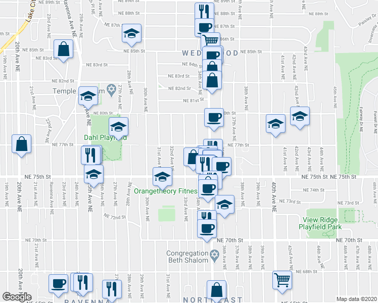 map of restaurants, bars, coffee shops, grocery stores, and more near 7703 34th Avenue Northeast in Seattle
