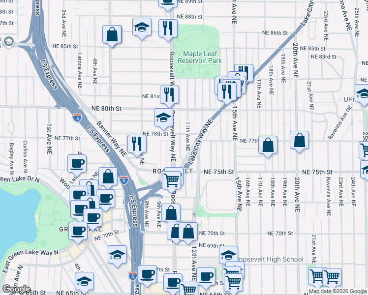 map of restaurants, bars, coffee shops, grocery stores, and more near in Seattle