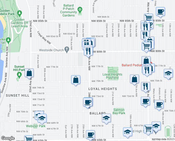 map of restaurants, bars, coffee shops, grocery stores, and more near 7701 24th Avenue Northwest in Seattle