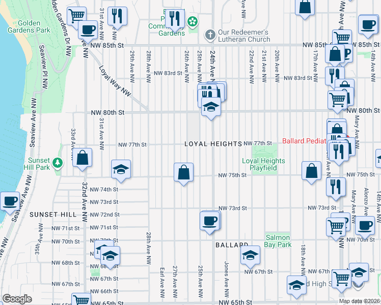 map of restaurants, bars, coffee shops, grocery stores, and more near 7560 26th Avenue Northwest in Seattle