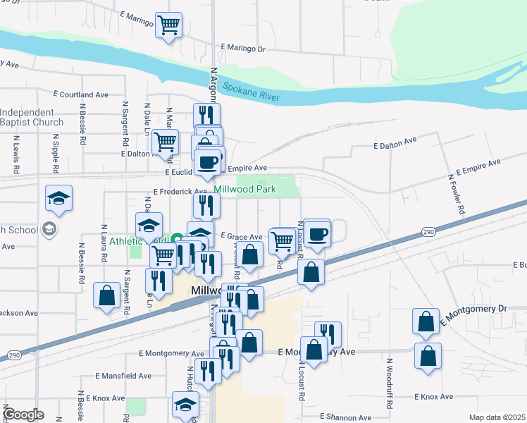 map of restaurants, bars, coffee shops, grocery stores, and more near 3010 North Willow Road in Spokane