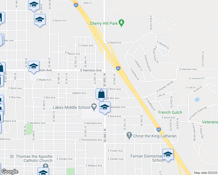 map of restaurants, bars, coffee shops, grocery stores, and more near 1507 East Birch Avenue in Coeur d'Alene