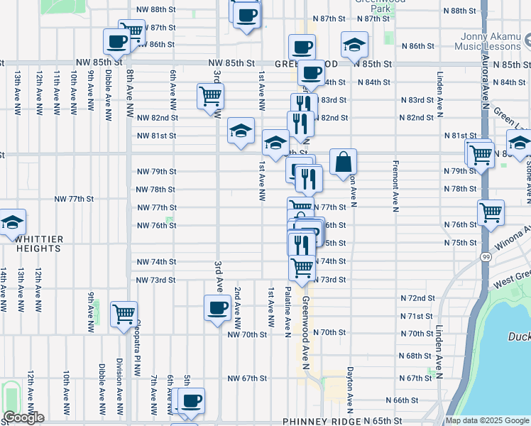 map of restaurants, bars, coffee shops, grocery stores, and more near 102 North 77th Street in Seattle