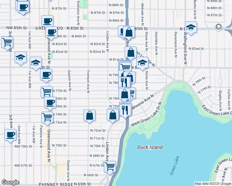 map of restaurants, bars, coffee shops, grocery stores, and more near 924 North 77th Street in Seattle