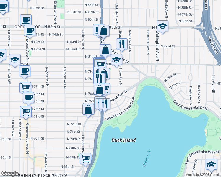 map of restaurants, bars, coffee shops, grocery stores, and more near 1132 North 77th Street in Seattle
