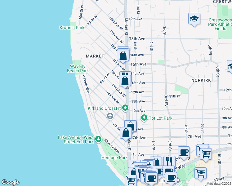 map of restaurants, bars, coffee shops, grocery stores, and more near 1010 4th Street West in Kirkland