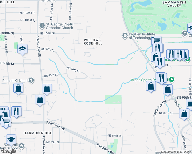 map of restaurants, bars, coffee shops, grocery stores, and more near 9300 138th Court Northeast in Redmond