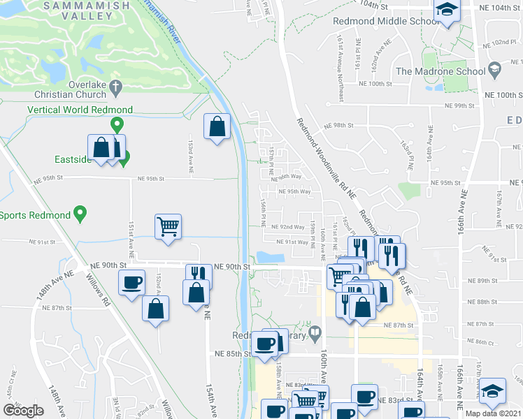 map of restaurants, bars, coffee shops, grocery stores, and more near 9301 156th Place Northeast in Redmond