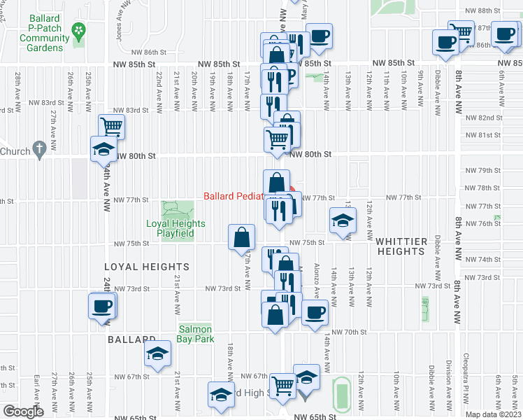 map of restaurants, bars, coffee shops, grocery stores, and more near 7547 16th Avenue Northwest in Seattle