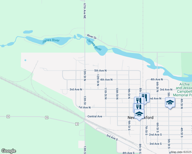 map of restaurants, bars, coffee shops, grocery stores, and more near 1203 5th Avenue North in New Rockford