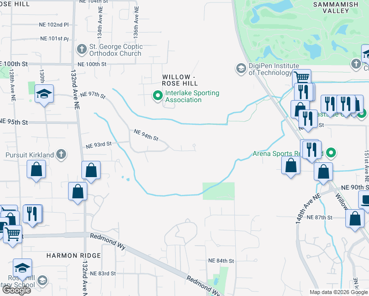 map of restaurants, bars, coffee shops, grocery stores, and more near 9300 138th Court Northeast in Redmond