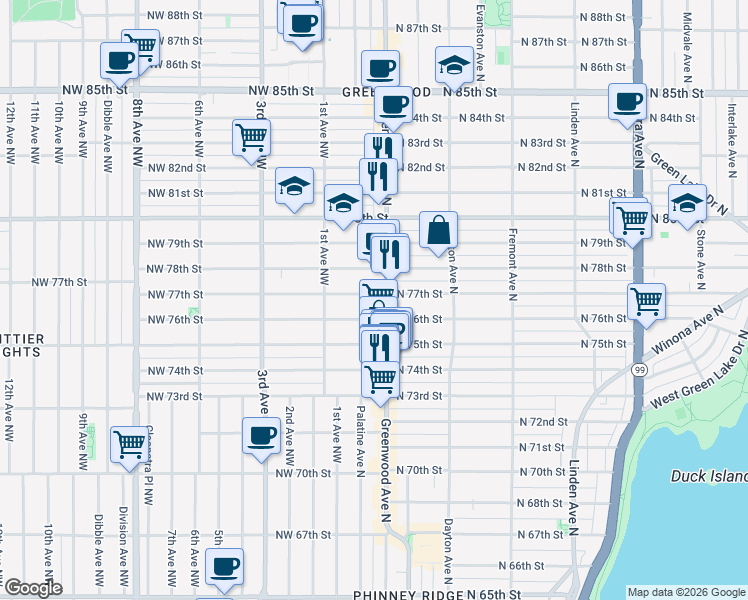 map of restaurants, bars, coffee shops, grocery stores, and more near 136 North 77th Street in Seattle