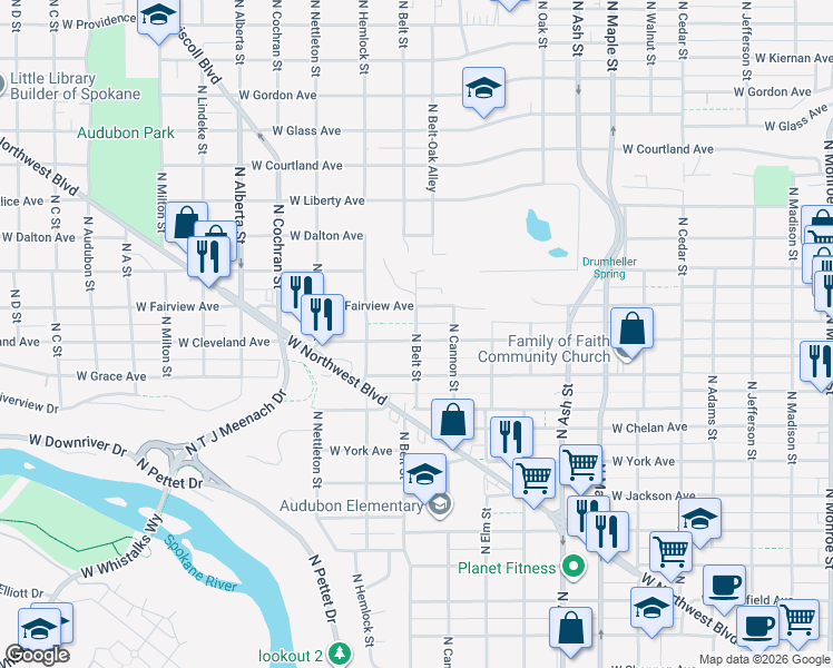 map of restaurants, bars, coffee shops, grocery stores, and more near 2920 N Belt St in Spokane
