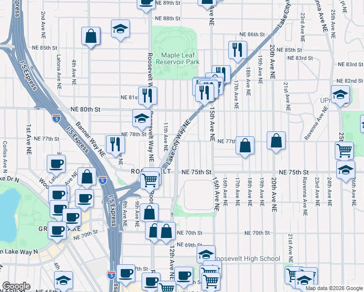 map of restaurants, bars, coffee shops, grocery stores, and more near 1210 Northeast 77th Street in Seattle