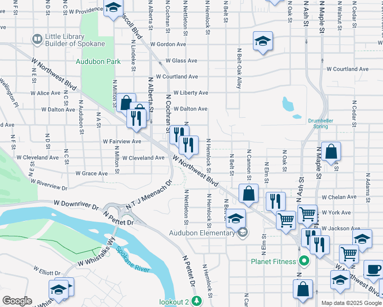 map of restaurants, bars, coffee shops, grocery stores, and more near 2314 West Cleveland Avenue in Spokane