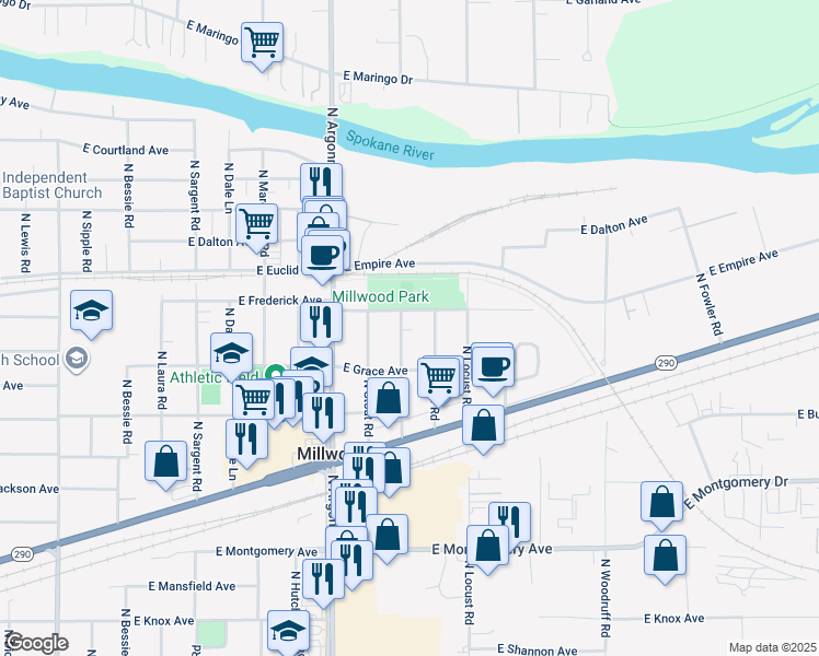 map of restaurants, bars, coffee shops, grocery stores, and more near 3021 North Maple Road in Spokane