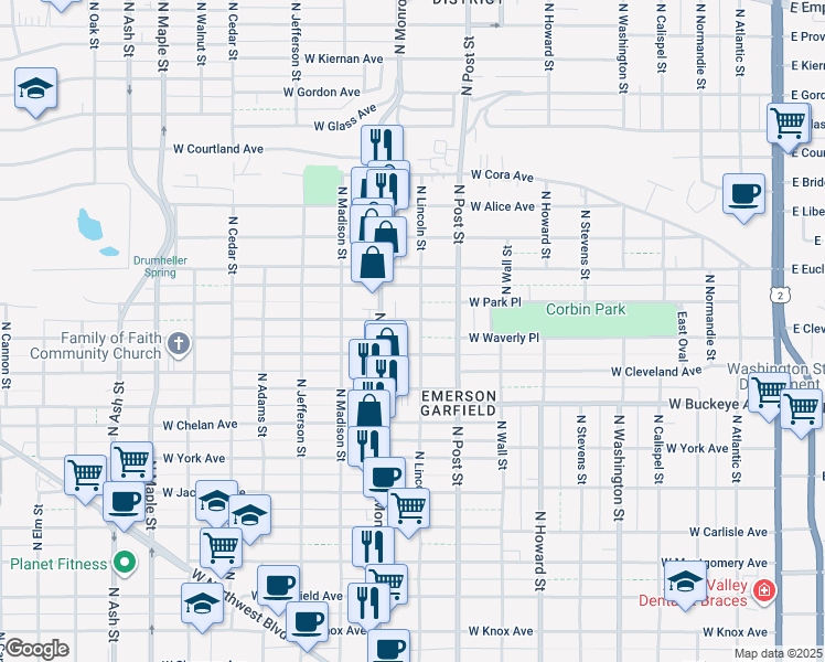 map of restaurants, bars, coffee shops, grocery stores, and more near 918 West Fairview Avenue in Spokane