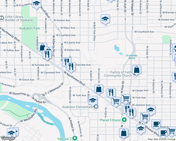 map of restaurants, bars, coffee shops, grocery stores, and more near 2920 North Belt Street in Spokane