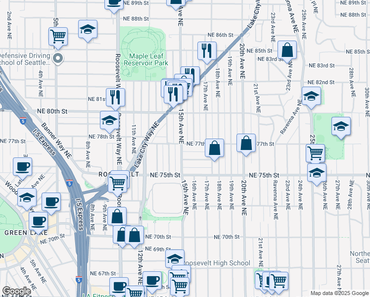 map of restaurants, bars, coffee shops, grocery stores, and more near 1516 Northeast 77th Street in Seattle