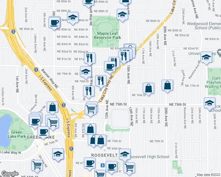 map of restaurants, bars, coffee shops, grocery stores, and more near 1210 Northeast 77th Street in Seattle