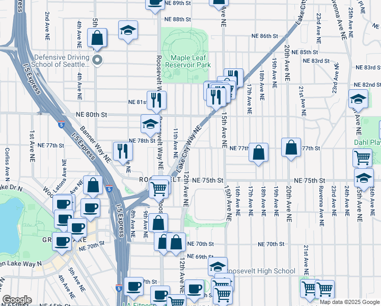 map of restaurants, bars, coffee shops, grocery stores, and more near 1210 Northeast 77th Street in Seattle