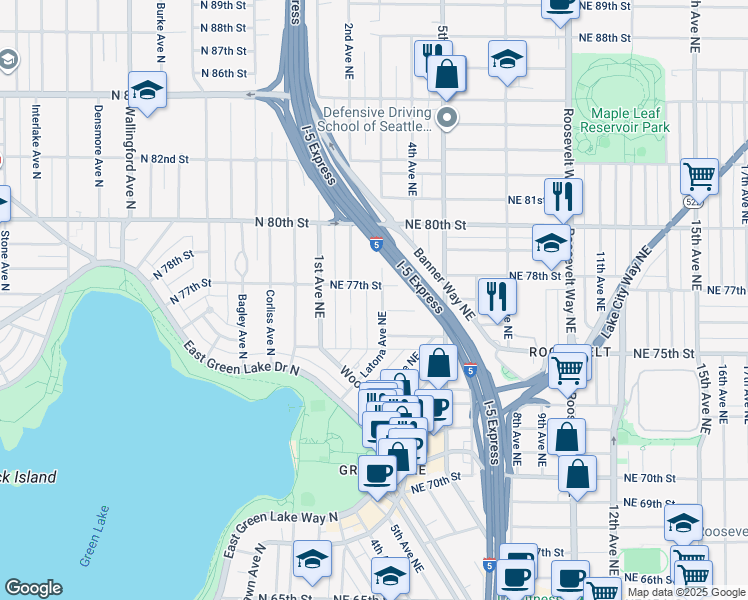 map of restaurants, bars, coffee shops, grocery stores, and more near 207 Northeast 77th Street in Seattle