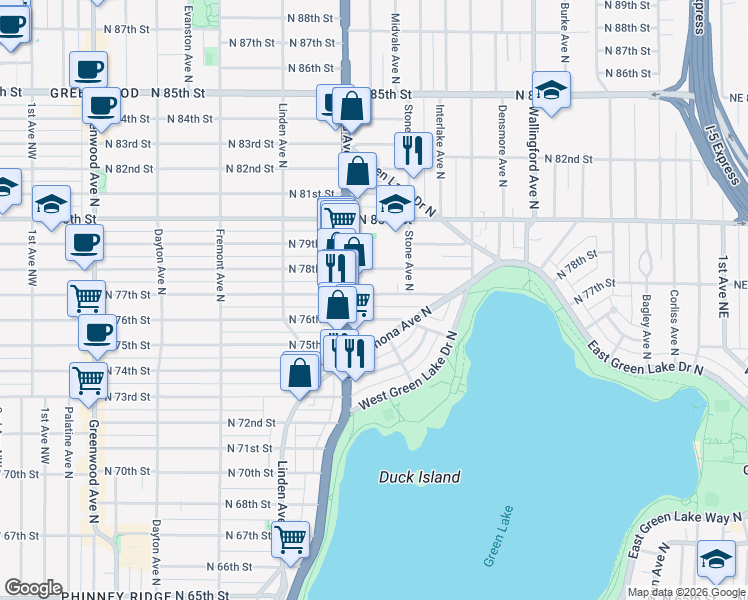 map of restaurants, bars, coffee shops, grocery stores, and more near 1132 North 77th Street in Seattle