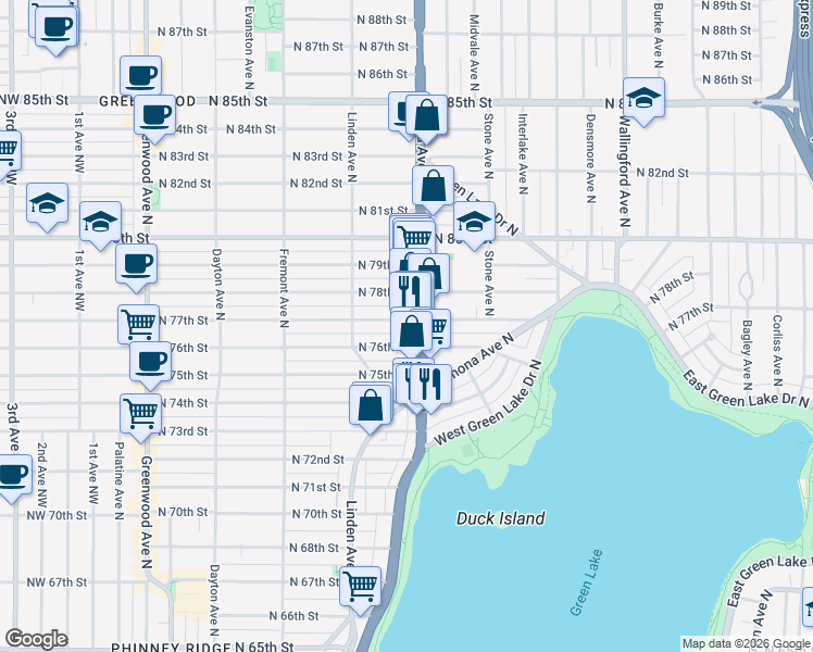 map of restaurants, bars, coffee shops, grocery stores, and more near 7745 Aurora Avenue North in Seattle